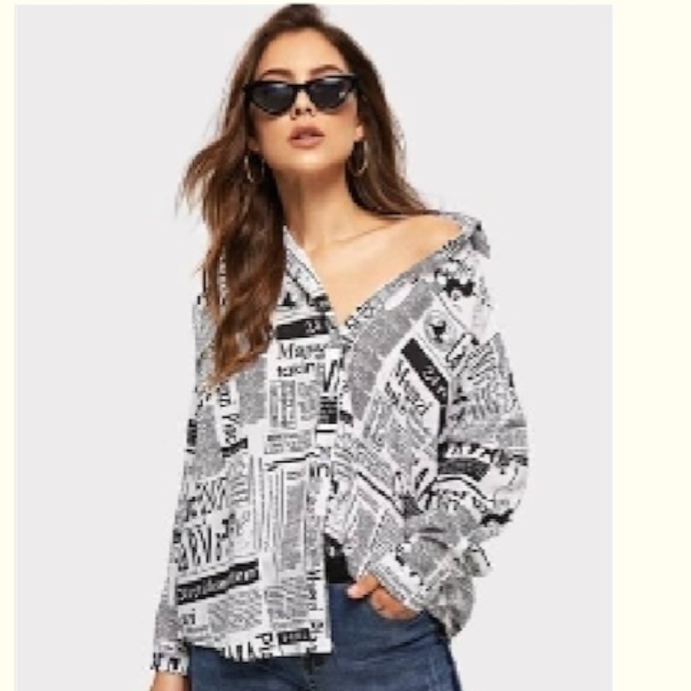 Newspaper Print Curved Hem Shirt Size Medium